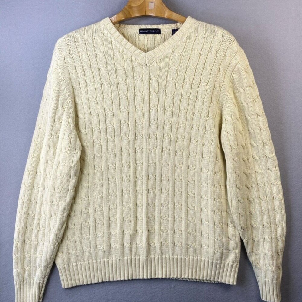 Grant Thomas‎ Sweater Men Large Cable Knit Fisherman Cotton Golf Pullover Yellow
